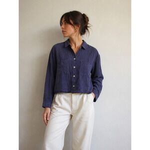 Bella Dahl Navy Blue 100% Lyocell Cropped Button Front Blouse Top L Runs Small